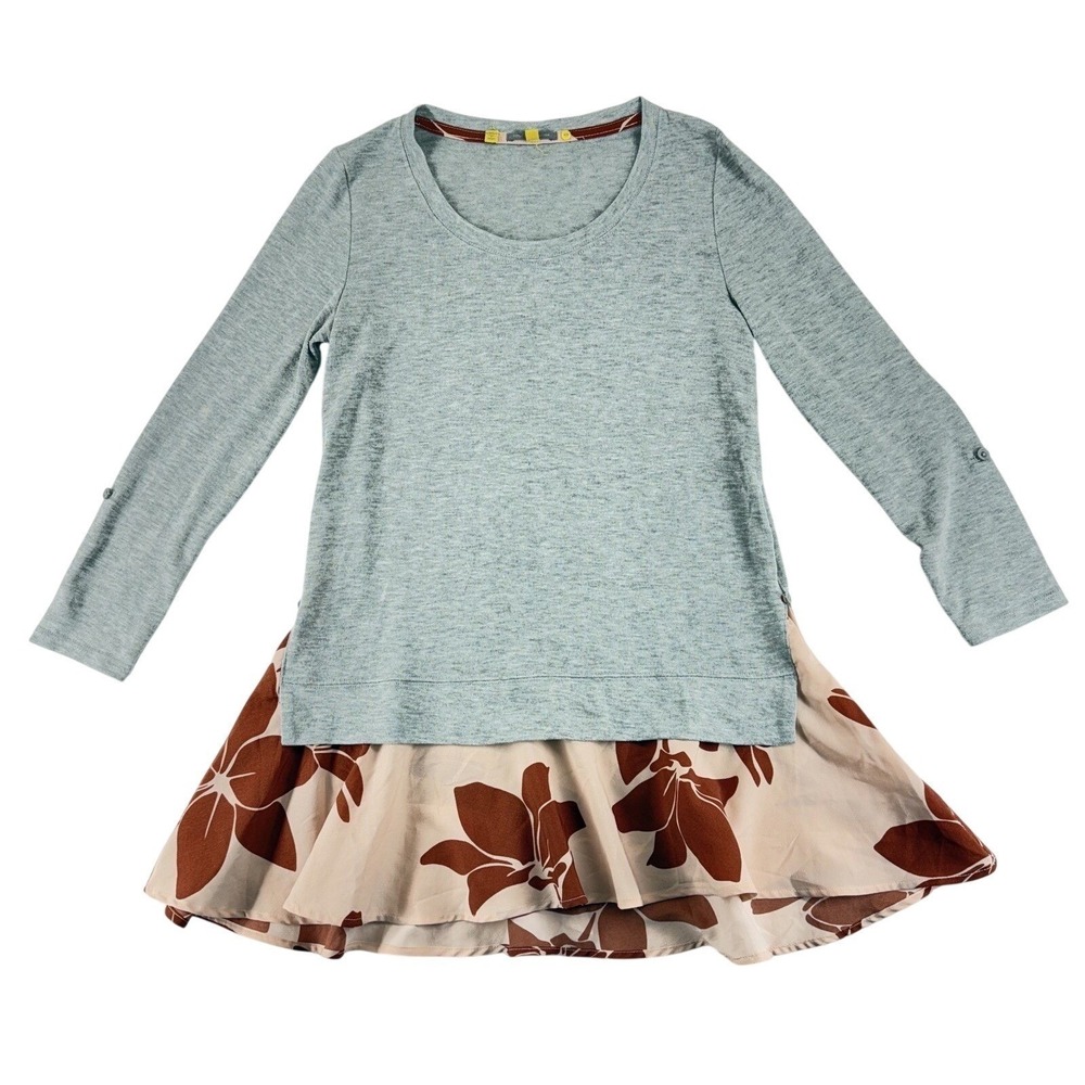 Anthropologie Little Yellow Button XS Gray Floral Romantic Prairie Tunic Top